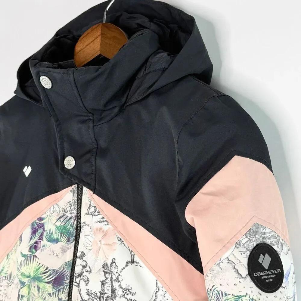Obermeyer Girls' Tabor Ski Jacket in “Tell Me A Story” Print Pink Black Full Zip
